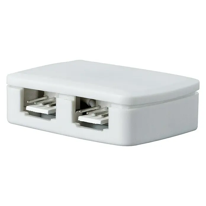 Paulmann Distribuidor YourLED Junction-Box - Plástico, Blanco - Primer plano de un conector telefónico blanco con dos puertos para cables telefónicos, ideal para empalmar cables telefónicos.