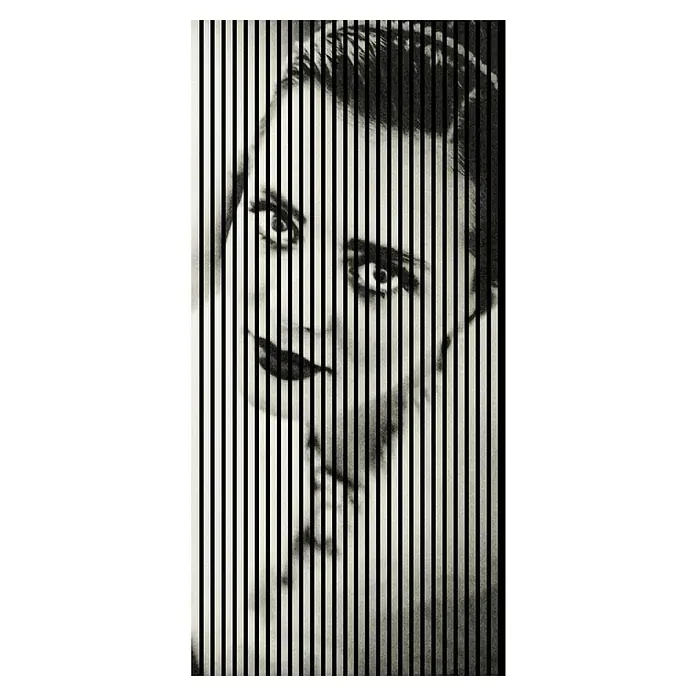 Akustikpaneel - L x B x H: 2.400 x 1.133 x 19 mm, Schwarz/Weiß, Swing 01 - Vertikaler Linienfilter erzeugt ein faszinierendes Schwarz-Weiß-Porträt, das künstlerische Tiefe und visuelle Intrige vereint.