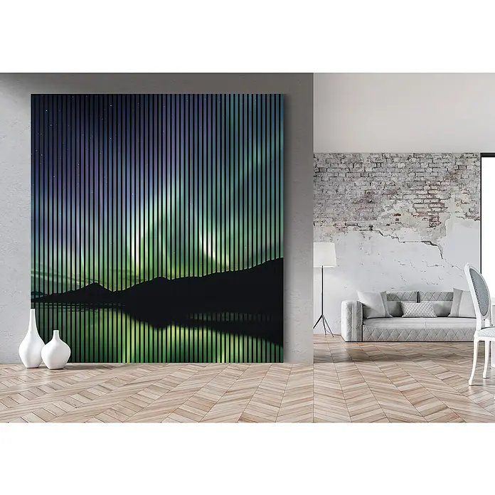 Akustikpaneel - L x B x H: 2.400 x 2.253 x 19 mm, Violett/Grün/Schwarz, Aurora 01 - Abstraktes Kunstwerk mit Nordlichtmotiv und vertikalen Streifen. Elegante Wanddekoration für moderne Innenräume, die Atmosphäre schafft.