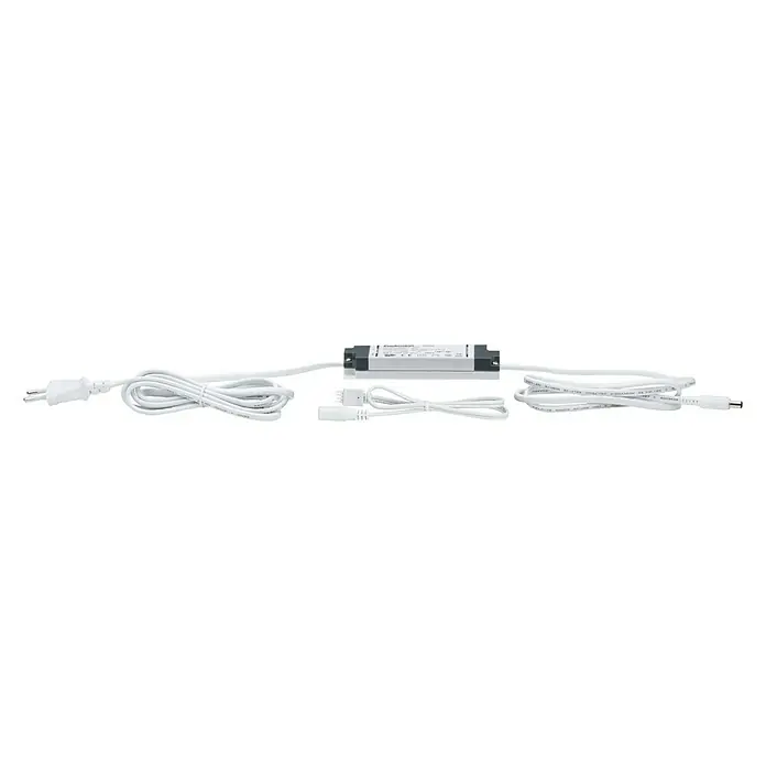 Paulmann YourLED Bobina de reactancia - 15 W - La imagen muestra una fuente de alimentación LED con cables y conectores, utilizada para sistemas de iluminación LED. Es blanca y sobre un fondo blanco.