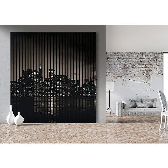 Akustikpaneel - L x B x H: 2.400 x 2.253 x 19 mm, Schwarz/Grau, New York 02 - Kunstvolles Wandbild mit Skyline-Motiv, das jedem Raum einen modernen Touch verleiht und die Blicke auf sich zieht.