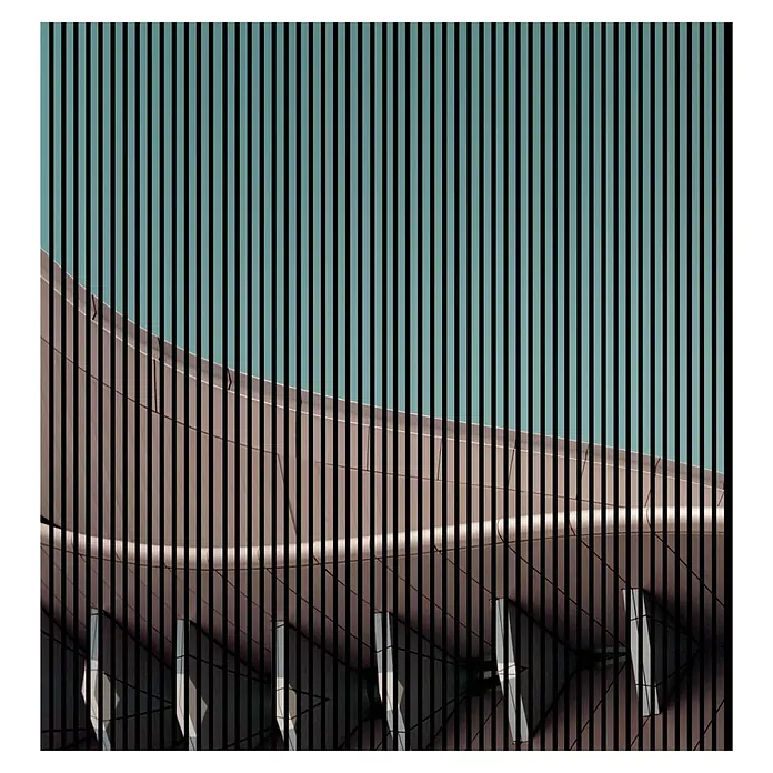 Akustikpaneel - L x B x H: 2.400 x 2.253 x 19 mm, Grün/Braun, Architecture 01 - Ansicht eines modernen Gebäudes mit auffälligen vertikalen Linien, die die architektonischen Details betonen und die Struktur hervorheben.