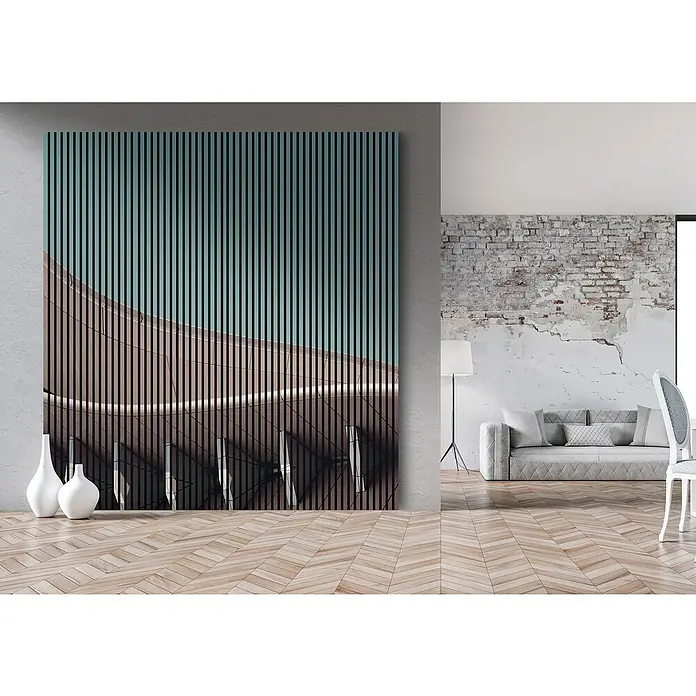 Akustikpaneel - L x B x H: 2.400 x 2.253 x 19 mm, Grün/Braun, Architecture 01 - Stilvolles Wandbild mit vertikalen Linien, das einem Raum Struktur verleiht. Die abstrakte Darstellung ist ein echter Hingucker.