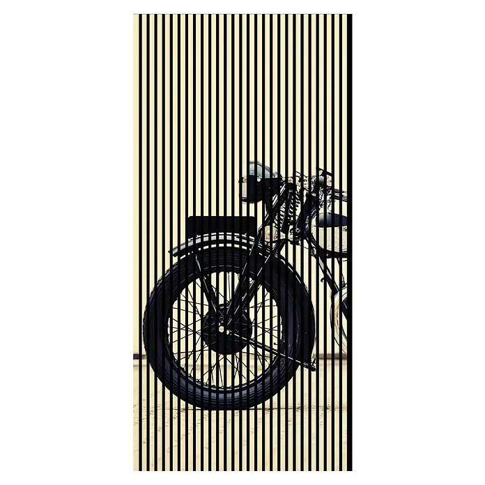 Akustikpaneel - L x B x H: 2.400 x 1.133 x 19 mm, Schwarz/Weiss, Motorrad 01 - Ein Oldtimer-Motorrad mit vertikalen schwarzen Streifen erzeugt einen faszinierenden optischen Effekt. Das Motorrad wirkt dadurch fast abstrakt.