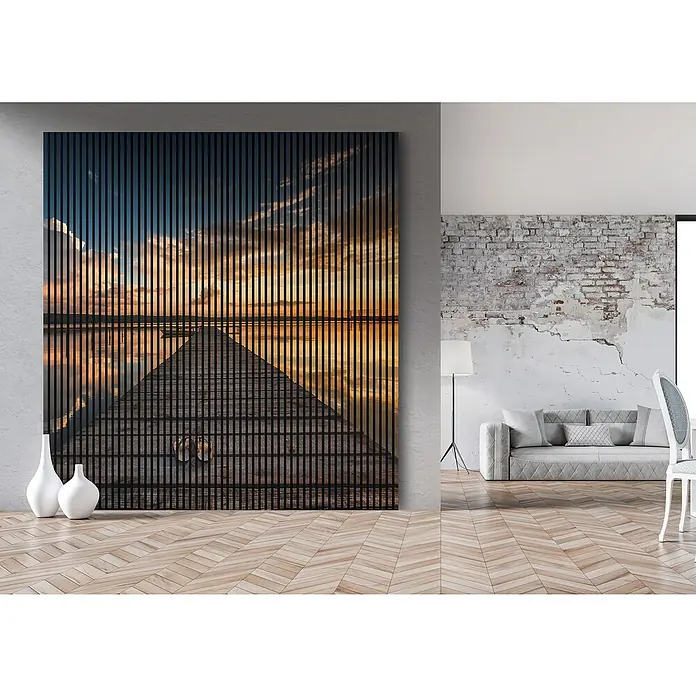 Akustikpaneel - L x B x H: 2.400 x 2.253 x 19 mm, Blau/Gelb/Braun, See 02 - Einzigartige Wandkunst: Ein vertikales Lamellenbild mit Sonnenuntergangsmotiv, das jedem Raum eine moderne und künstlerische Note verleiht.