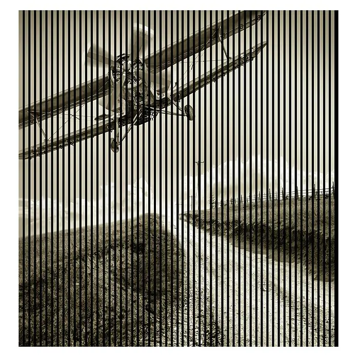 Akustikpaneel - L x B x H: 2.400 x 2.253 x 19 mm, Schwarz/Weiß, Flieger 02 - Vintage-Flugzeug im Aufstieg, durch vertikale Linien kunstvoll unterbrochen, das historische Design und die Ingenieurskunst betonend.