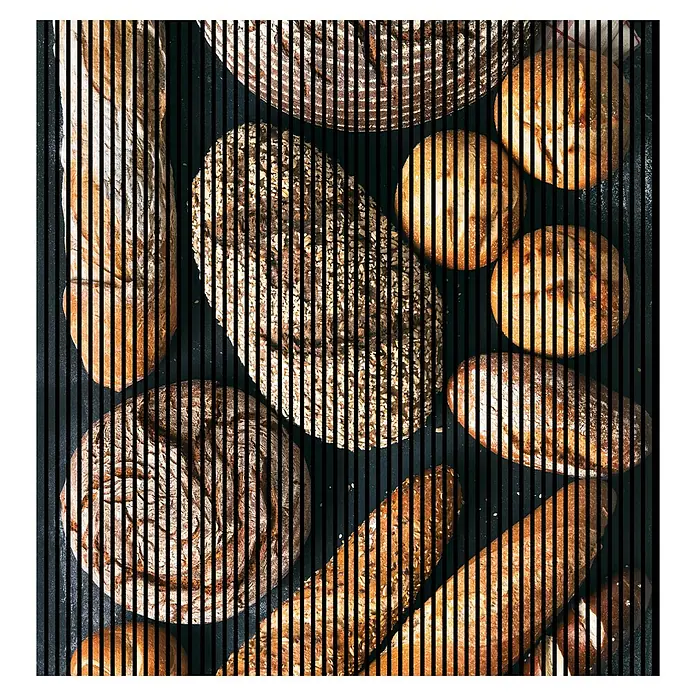 Akustikpaneel - L x B x H: 2.400 x 2.253 x 19 mm, Schwarz/Braun, Brot 01 - Vielfalt frisch gebackener Brote und Brötchen in rustikaler Anordnung mit verlockender Kruste.