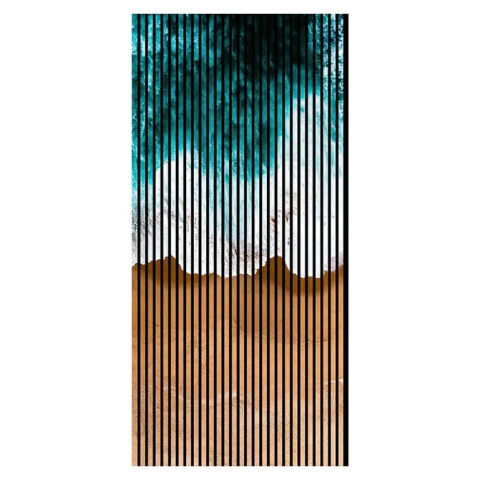 Akustikpaneel - L x B x H: 2.400 x 1.133 x 19 mm, Blau/Weiss/Gelb, Meer 01 - Abstraktes Bild eines Strandes mit vertikalen schwarzen Streifen, das die Farben des Meeres und des Sandes hervorhebt.