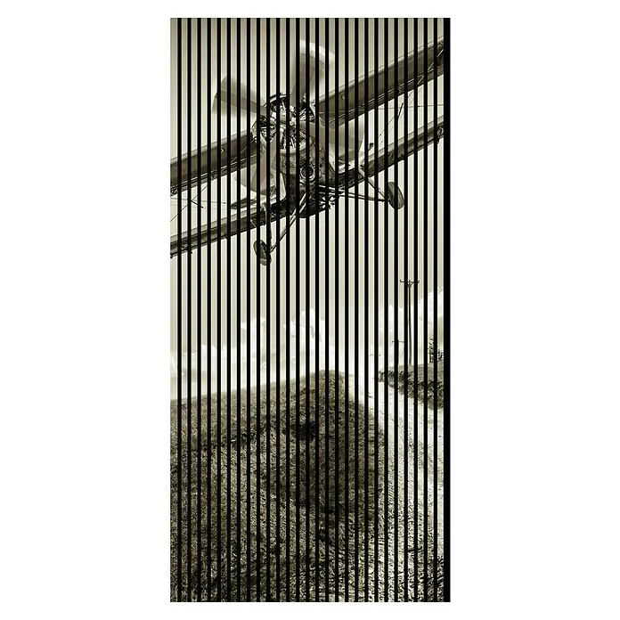 Akustikpaneel - L x B x H: 2.400 x 1.133 x 19 mm, Schwarz/Weiß, Flieger 02 - Historisches Flugzeug in Sepia, unterbrochen von vertikalen schwarzen Balken, das über eine hügelige Landschaft fliegt.