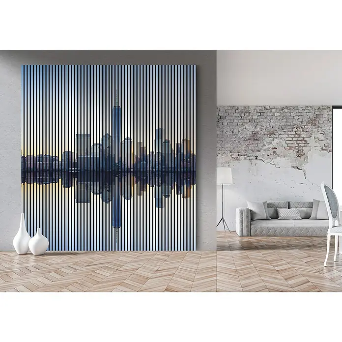 Akustikpaneel - L x B x H: 2.400 x 2.253 x 19 mm, Blau/Grau, New York 01 - Stilvolles Wandbild mit New York Skyline und vertikalen Streifen. Ein modernes Deko-Element, das jedem Raum einen Hauch von urbanem Flair verleiht.