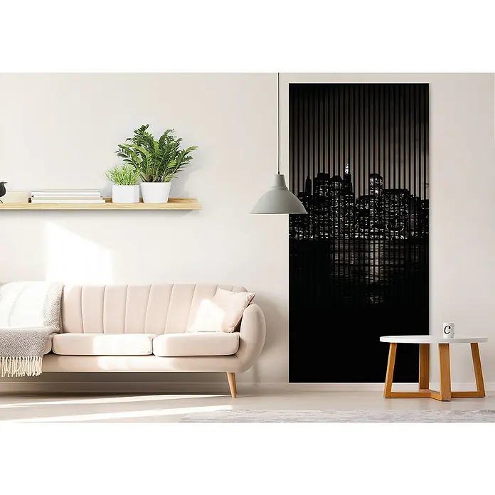 Akustikpaneel - L x B x H: 2.400 x 1.133 x 19 mm, Schwarz, New York 02 - Elegantes Wandbild mit New Yorker Skyline. Das Bild mit schwarzen Streifen verleiht jedem Raum einen modernen und stilvollen Touch.