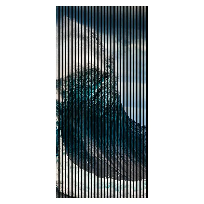 Akustikpaneel - L x B x H: 2.400 x 1.133 x 19 mm, Blau/Weiß, Wave 01 - Wuchtige Welle mit schwarzen Streifen, die eine dynamische und kraftvolle Meeresenergie vermitteln.