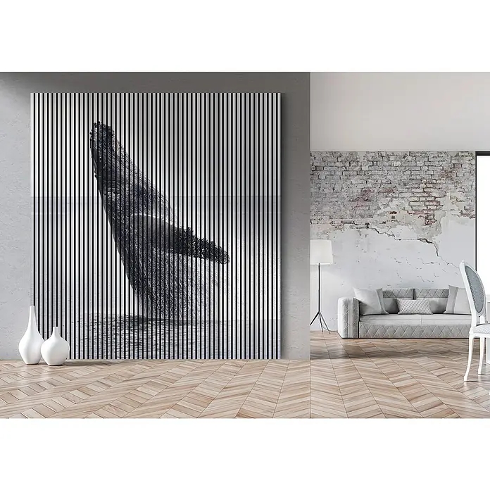 Akustikpaneel - L x B x H: 2.400 x 2.253 x 19 mm, Blau/Schwarz, Wal 02 - Gerahmtes Kunstwerk mit einem Walfischmotiv in Schwarz-Weiß-Streifen, das eine moderne Wohnraumgestaltung ergänzt.
