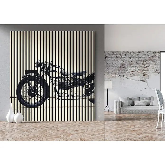 Akustikpaneel - L x B x H: 2.400 x 2.253 x 19 mm, Schwarz/Weiß, Motorrad 01 - Großes Wandbild mit einem alten Motorrad, das in einem modernen Raum hängt, verleiht dem Interieur einen Hauch von Vintage-Charme.