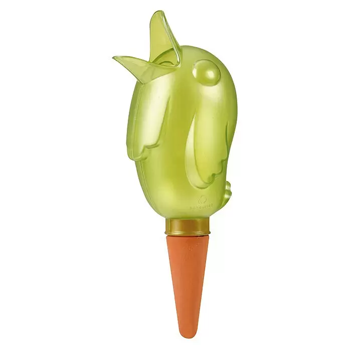 Scheurich Wasserspender Bördy XL - 620 ml, Pearl Green - Grüner vogelförmiger automatischer Pflanzenbewässerer mit durchsichtigem Kunststoffbehälter und orangefarbenem Terrakotta-Erdspieß.