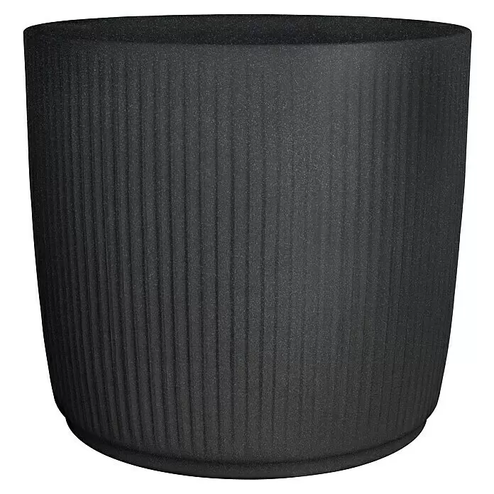 Scheurich Pflanzkübel rund Linetto - Außenmaß (Ø x H): 38,6 x 35,2 cm, Kunststoff, Stony Black - Schwarzer geriffelter zylindrischer Topf mit texturierter Oberfläche.