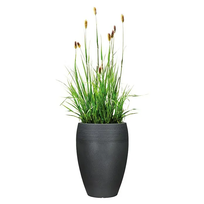 Scheurich Lineo Pflanzsäule rund - Außenmaß (Ø x H): 47 x 65 cm, Kunststoff, Schwarz - Dekorative Topfpflanze mit grünen Gräsern und braunen Blütenständen in einem modernen, anthrazitfarbenen Topf.