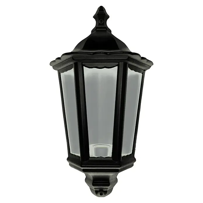 Panaled Vagg Aplique exterior - 60 W, 12,1 x 25,1 x 44 cm, Negro, IP44 - Primer plano de una farola negra de exterior con cristales transparentes y un diseño clásico.