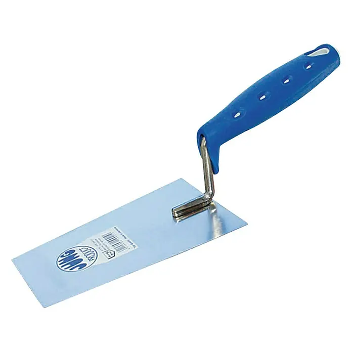 Jung Product Berner Putzkelle - 140 mm - Ein detailreiches Bild einer Glättkelle mit blauem Griff und einer glänzenden, rechteckigen Klinge.