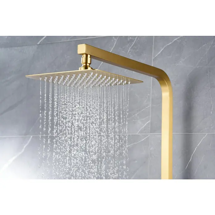 Imex Pisa Sistema de ducha - Grifo monomando, Oro - Cabezal de ducha de acero inoxidable dorado con diseño cuadrado y agua que fluye suavemente para una experiencia relajante.