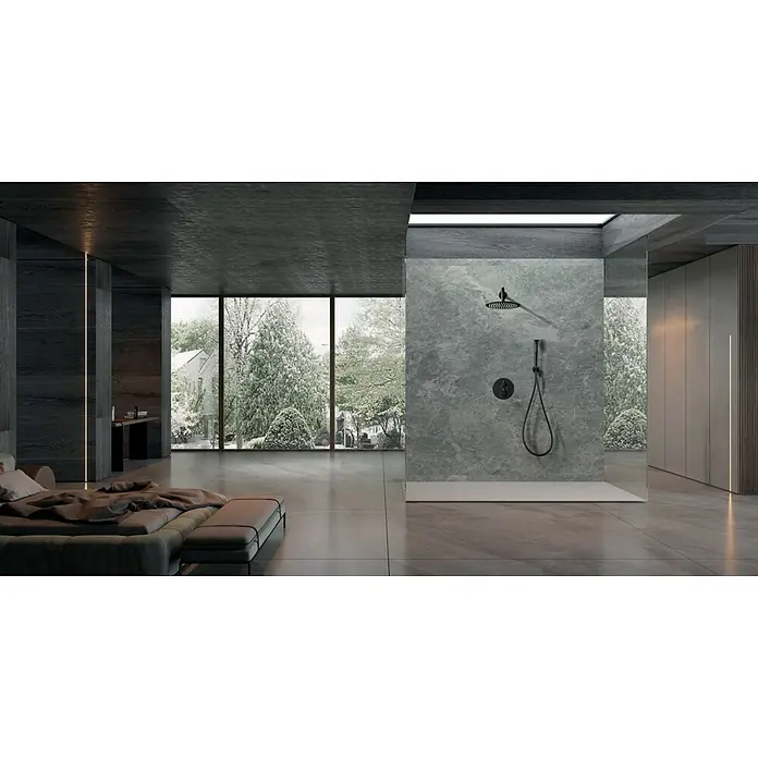 Imex Nápoles Sistema de ducha empotrado - Negro - Esta imagen muestra una ducha moderna con paredes de mármol y accesorios. El diseño es elegante y minimalista, con vistas a un paisaje nevado.