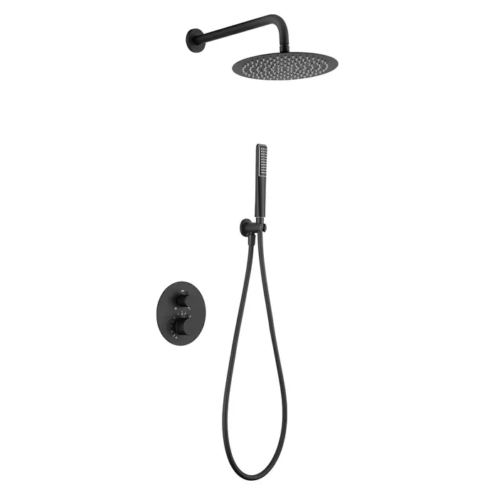 Imex Nápoles Sistema de ducha empotrado - Negro - Sistema de ducha negro mate con cabezal de lluvia, ducha de mano y válvula para un diseño de baño moderno.