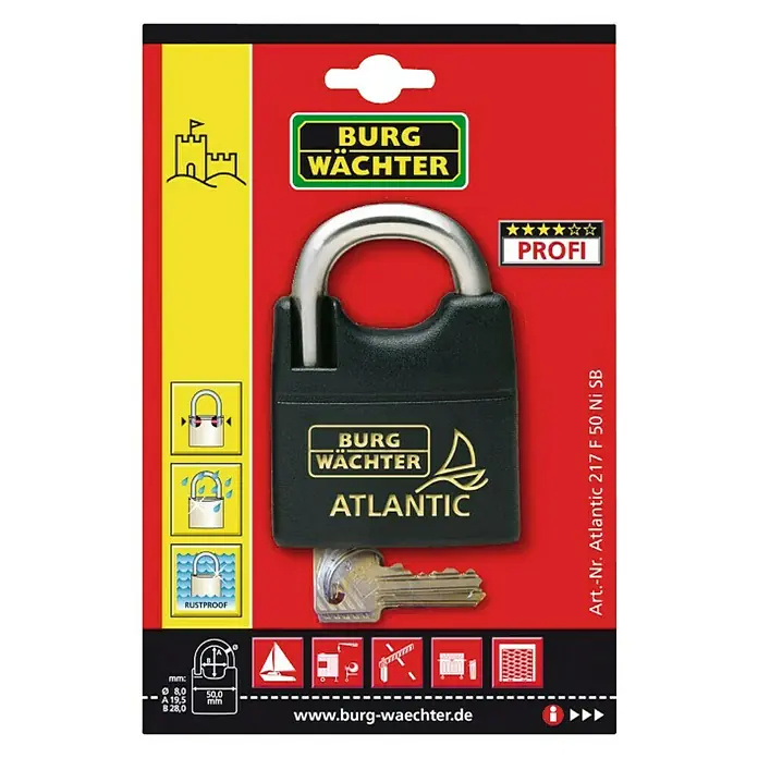 Burg-Wächter Candado Atlantik F30 - An x Al: 34 x 50 mm, 1 ud., Aluminio - Imagen de un candado Burg Wächter Atlantic con llave, robusto y fiable para un uso versátil, ideal para la seguridad.