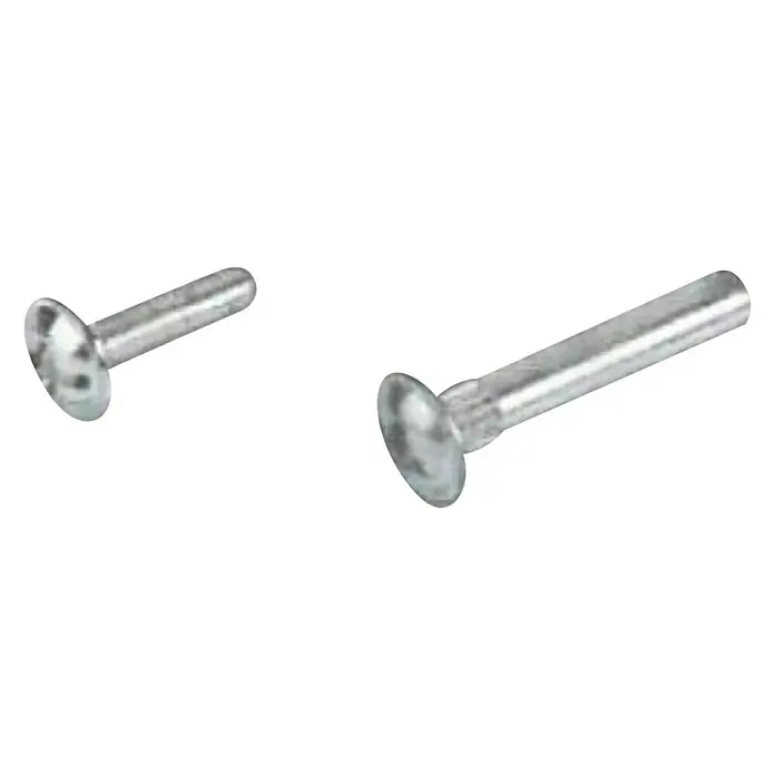 Stabilit Tornillo de unión - Específico para: Espesor de la madera 47 - 55 mm - Primer plano de dos remaches plateados sobre una superficie blanca.