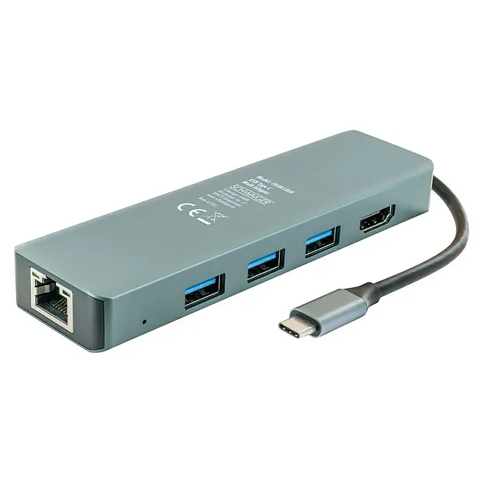 Schwaiger USB-Adapter USB Type C Multiport 6in1 - Grau, USB C-Stecker - Nahaufnahme eines USB-C-Multiport-Adapters von Schwaiger mit Ethernet-, USB- und HDMI-Anschlüssen.
