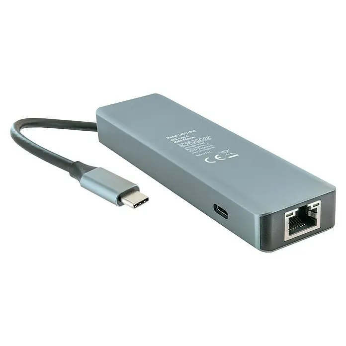 Schwaiger USB-Adapter USB Type C Multiport 6in1 - Grau, USB C-Stecker - Das Bild zeigt einen USB-C-Multiadapter von SCHWAIGER mit USB-C-Anschluss und Ethernet-Anschluss. Ideal für Geräte ohne Ethernet-Port.
