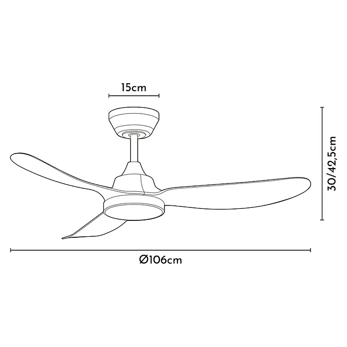 Arte confort Ventilador de techo Regina - Blanco, 106 cm, 20 W, Blanco cálido - Ilustración de un ventilador de techo con tres aspas y detalles de tamaño. Su diseño elegante se adapta perfectamente a cualquier habitación.