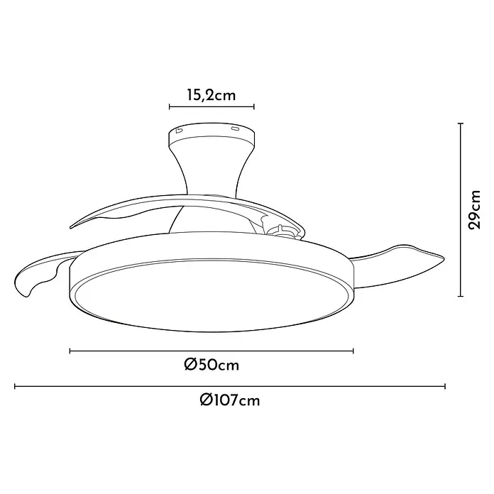 Arte confort Ventilador de techo Palma - Madera/Negro, 107 cm, 25 W, Blanco cálido - Esquema de un ventilador de techo que muestra las dimensiones: 15,2 cm (arriba), 29 cm (altura), 50 cm (círculo) y 107 cm.
