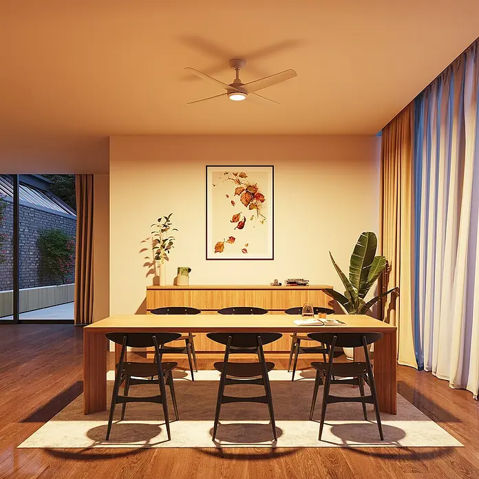 Arte confort Ventilador de techo Tirana - Blanco, 122 cm, 35 W, Blanco cálido - Un comedor moderno con una elegante mesa y sillas bajo un ventilador de techo. Ideal para reuniones con estilo.