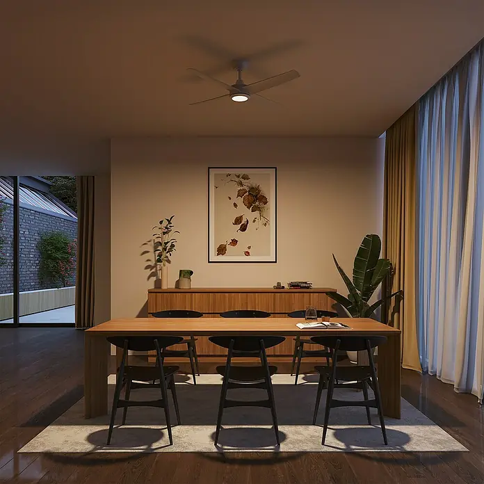 Arte confort Ventilador de techo Tirana - Blanco, 122 cm, 35 W, Blanco cálido - Un elegante comedor con un moderno ventilador de techo, que proporciona un ambiente confortable. El diseño complementa la habitación perfectamente.