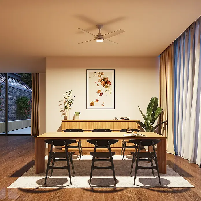 Arte confort Ventilador de techo Tirana - Blanco, 122 cm, 35 W, Blanco cálido - Un comedor elegante con un ventilador de techo moderno que crea un ambiente agradable. La decoración es luminosa y acogedora.