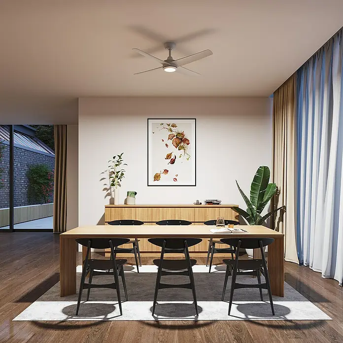 Arte confort Ventilador de techo Tirana - Blanco, 122 cm, 35 W, Blanco cálido - Elegante comedor con un moderno ventilador de techo. El ventilador proporciona aire fresco y luz agradable en la habitación.