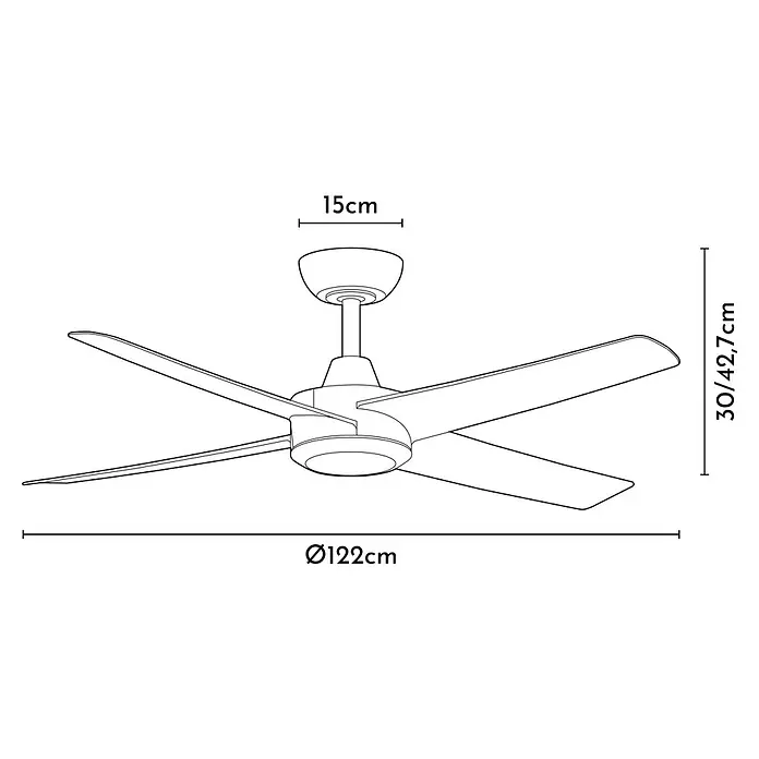 Arte confort Ventilador de techo Tirana - Blanco, 122 cm, 35 W, Blanco cálido - Ilustración de un ventilador de techo de cinco aspas con dimensiones: 15 cm (superior), Ø122 cm (diámetro) y 30/42,7 cm (altura).