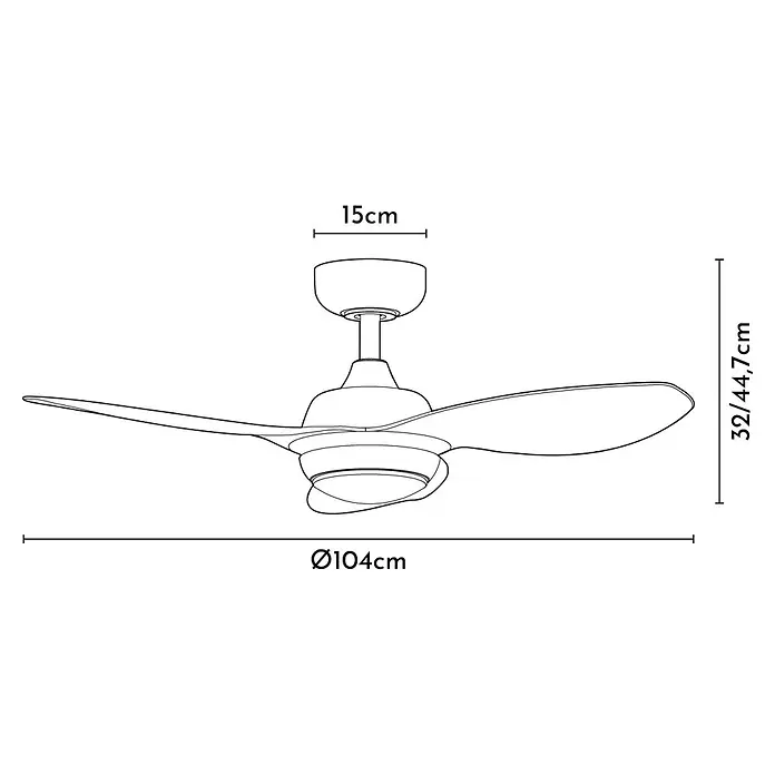 Arte confort Ventilador de techo Hanoi - Blanco, 104 cm, 16 W, Blanco cálido - Diagrama de un ventilador de techo de tres aspas con medidas detalladas de su diámetro y altura.