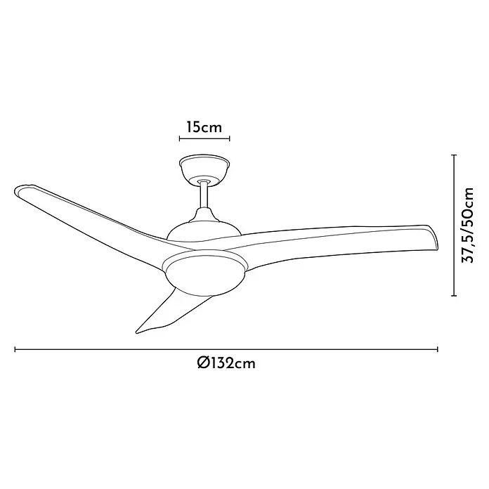 Arte confort Ventilador de techo Cascais - Plata, 132 cm, 30 W, Blanco cálido - Ilustración de un ventilador de techo con tres aspas y especificaciones de tamaño. El diámetro es de 132 cm, la altura de 37,5/50 cm y el dosel de 15 cm.