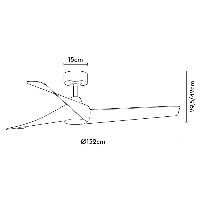 Arte confort Ventilador de techo Doha - Blanco, 132 cm, 35 W, Blanco cálido - Ilustración de un ventilador de techo con dimensiones de diámetro, altura y dosel. Un elemento decorativo para cualquier habitación.