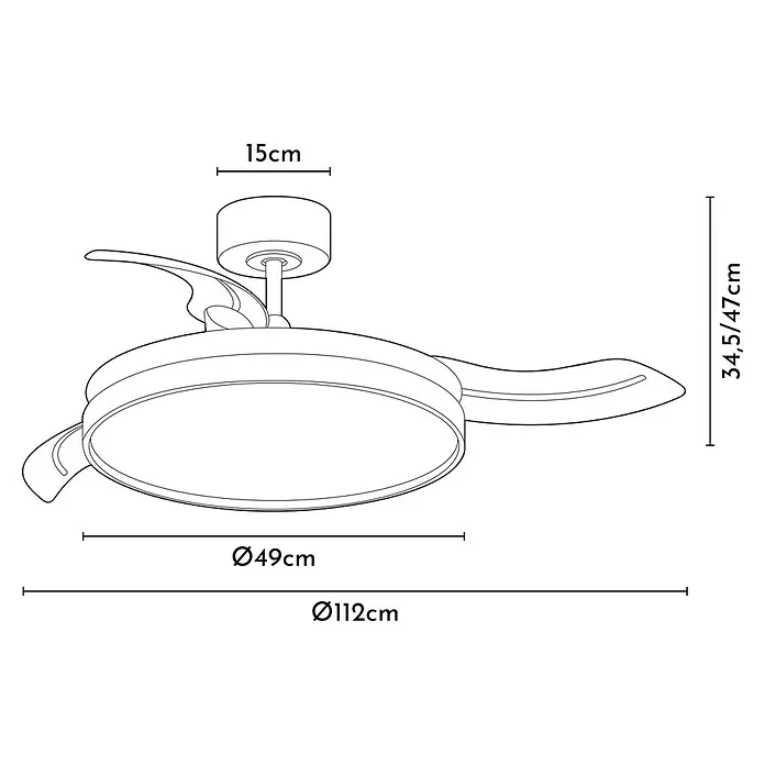 Arte confort Ventilador de techo Cairo - Blanco, 112 cm, 35,8 W, Blanco cálido - Ilustración de un ventilador de techo con iluminación, incluyendo dimensiones de diámetro, altura y montaje en el techo.