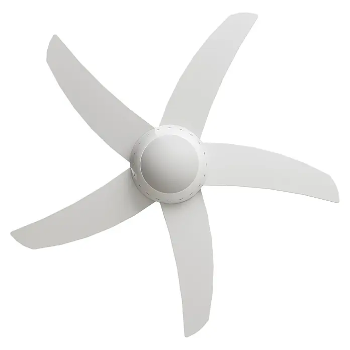 Arte confort Ventilador de techo Rocio - Blanco, 132 cm, 39 W, Blanco cálido - Palas de turbina eólica blancas con cinco hojas sobre un fondo negro para una apariencia limpia y minimalista.