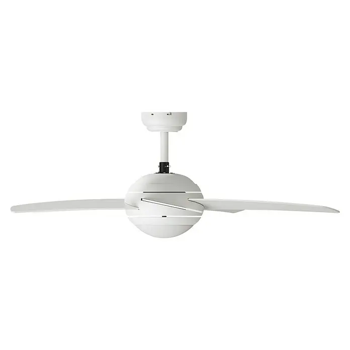 Arte confort Ventilador de techo Rocio - Blanco, 132 cm, 39 W, Blanco cálido - Esta toma muestra un moderno ventilador de techo blanco de dos palas, que destaca elegantemente sobre un fondo negro contrastante.