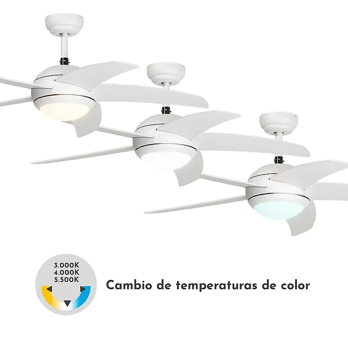 Arte confort Ventilador de techo Rocio - Blanco, 132 cm, 39 W, Blanco cálido - Ventilador de techo blanco con temperaturas de color ajustables para opciones de iluminación personalizadas.