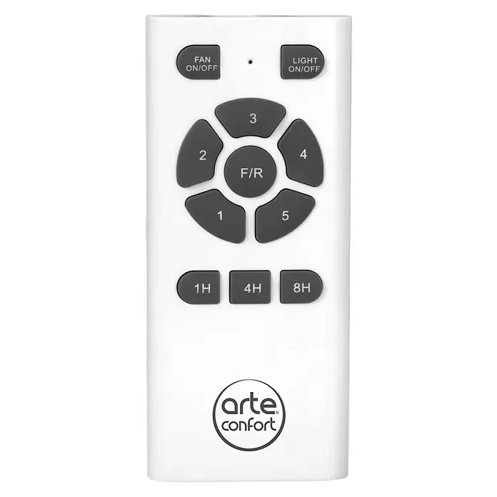 Arte confort Ventilador de techo Rocio - Blanco, 132 cm, 39 W, Blanco cálido - Un primer plano de un control remoto blanco Arte Confort con varios botones para controlar un ventilador y una luz.