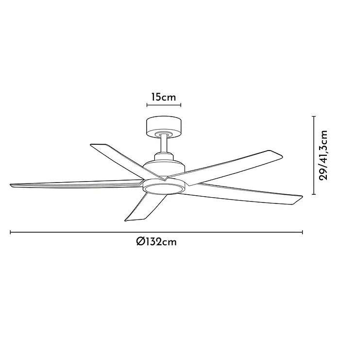 Arte confort Ventilador de techo Bangok - Negro, 132 cm, 35 W, Blanco cálido - Esta imagen muestra un ventilador de techo de cinco palas con dimensiones de 132 cm de diámetro, una cubierta de 15 cm y una altura de 29/41,3 cm.