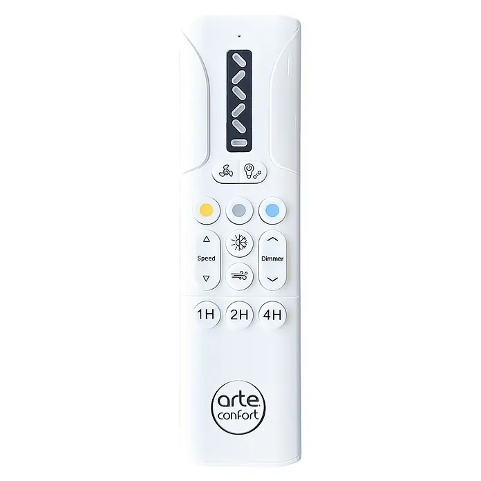Arte confort Ventilador de techo Cris - Negro/Madera, 50 cm, 8,5 W, Blanco cálido - Primer plano de un mando a distancia blanco de Arte Confort con varios botones para luz, velocidad del ventilador y temporizador.