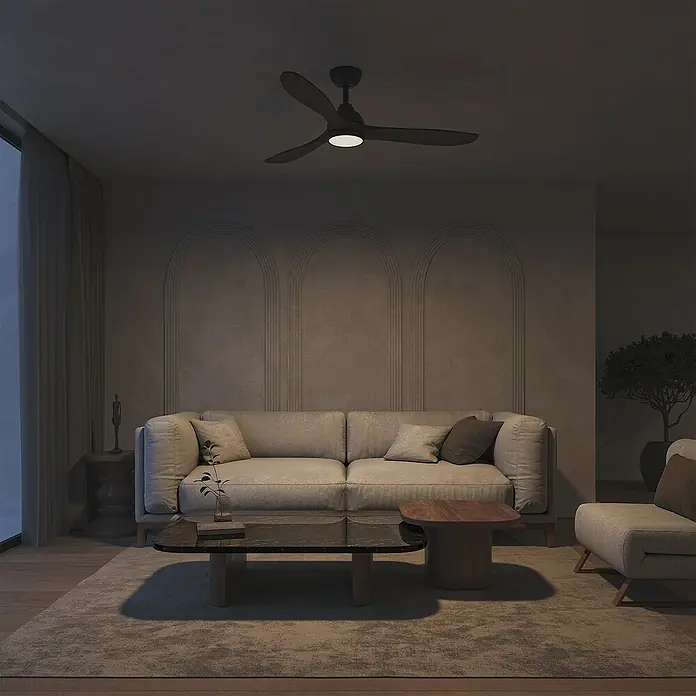 Arte confort Ventilador de techo Kenia - Roble negro, 132 cm, 34 W, Blanco cálido - Ventilador de techo con luz en una sala de estar elegante. El diseño aporta confort y estética moderna.
