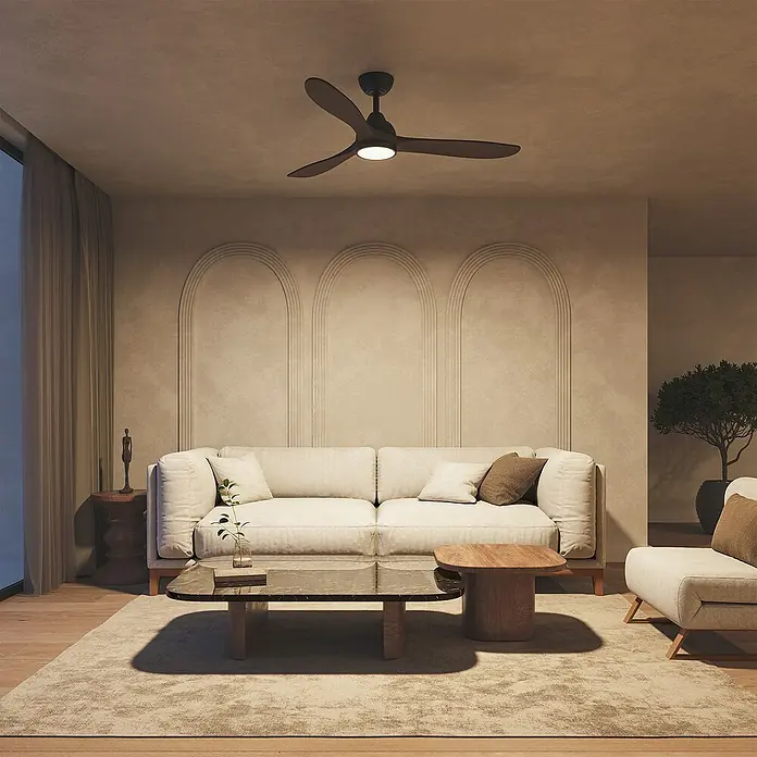 Arte confort Ventilador de techo Kenia - Roble negro, 132 cm, 34 W, Blanco cálido - Elegante sala de estar con ventilador de techo. El moderno ventilador se fusiona con el interior elegante, proporcionando una brisa refrescante.