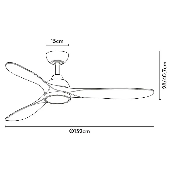 Arte confort Ventilador de techo Kenia - Roble negro, 132 cm, 34 W, Blanco cálido - Ilustración de un moderno ventilador de techo con tres palas e iluminación integrada, con dimensiones indicadas.